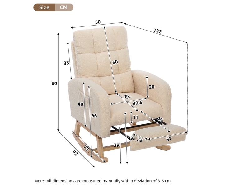  Fauteuil à bascule modenvie bouclette beige avec repose-jambes et poche latérale 132 x 50 x 99 cm  - Conforama C