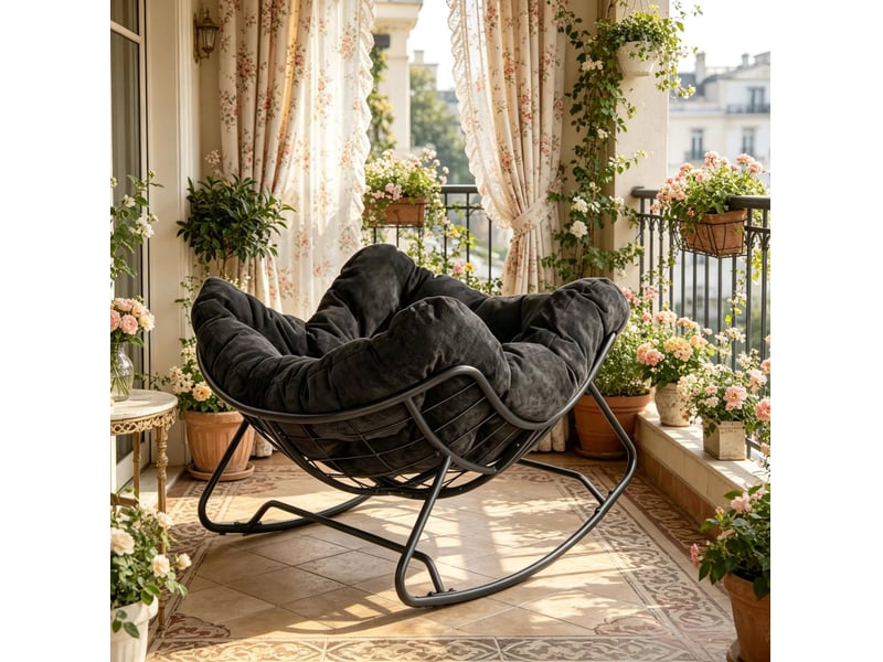  Rocking-chair avec assise profonde, dossier enveloppant et base incurvée, en chenille et métal noir 102,5 × 75 × 77 cm  - Conforama D