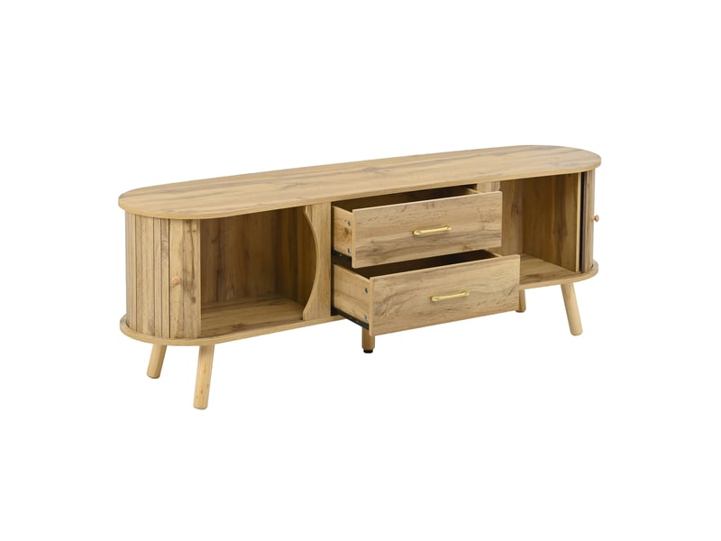 Meuble tv 160x36,5x55 cm, 2 portes coulissantes et 2 tiroirs, armoire de rangement, pieds bois, mdf, couleur naturel  - Conforama E