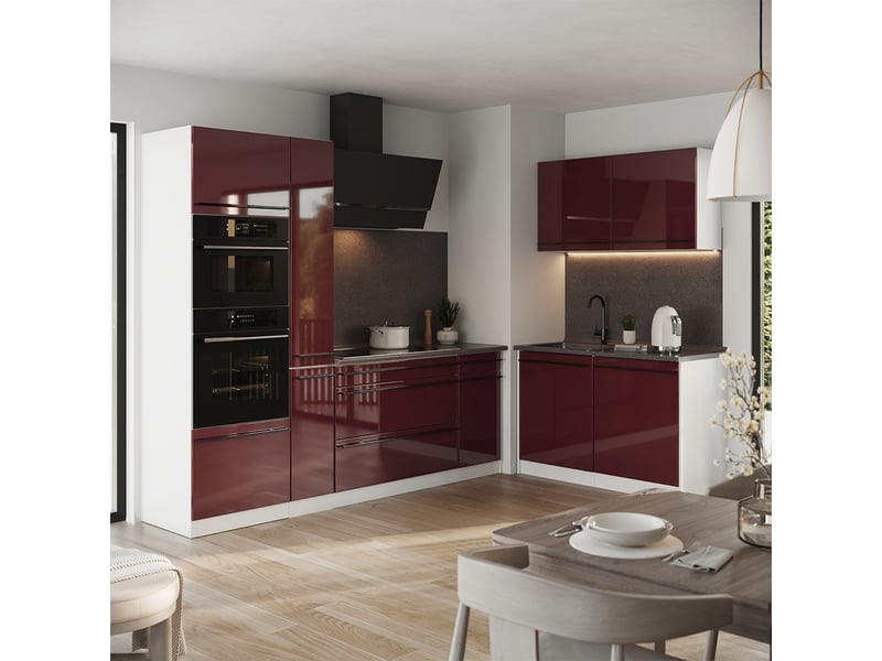 Vicco cuisine en angle, rouge brillantblanc, 230 x 120 cm plan de travail marbre - Conforama C