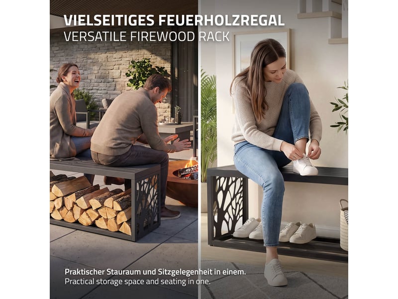  Ml-design range-bûches pour intérieur et extérieur avec banc, acier galvanisé, conception 2-en-1 motif branches, rangement bois de chauffage, support d'empilage résistant aux intempéries, 120x38x43 cm ECD Germany GmbH - Conforama E