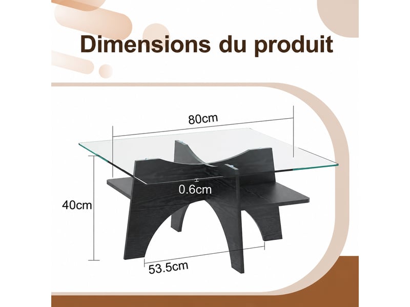  Table basse carrée moderne en verre de sécurité – mdf noir effet bois – 80 x 80 x 40 cm  - Conforama D