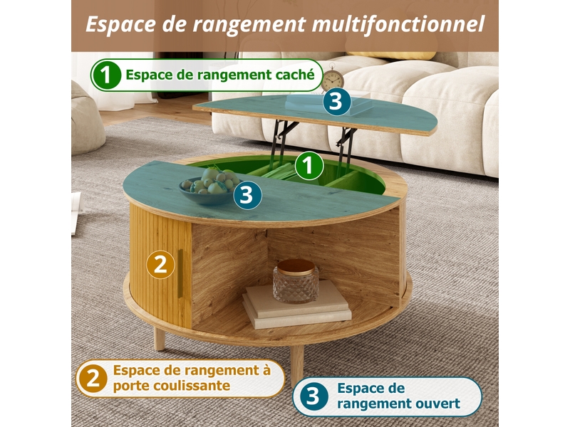  Table basse ronde avec rangement, plateau relevable, effet chêne, 80 x 80 x 59 cm  - Conforama E