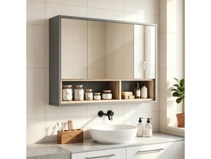 Meuble de salle de bain avec miroir, 3 portes et 8 étagères, meuble mural pour l'organisation et le rangement