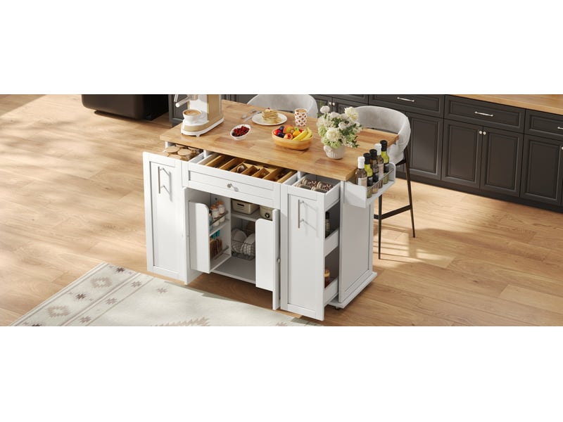 Desserte de cuisine mobile avec plan rabattable, 3 tiroirs, rangements et roulettes verrouillables, 120 × 70 × 87 cm  - Conforama B