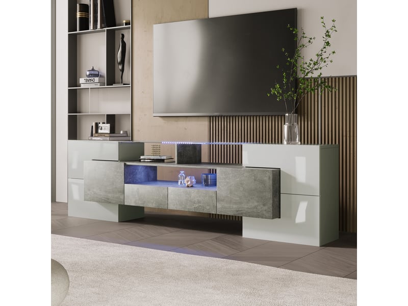 Meuble tv 200 cm blanc brillant et béton avec led multicolore - Conforama D