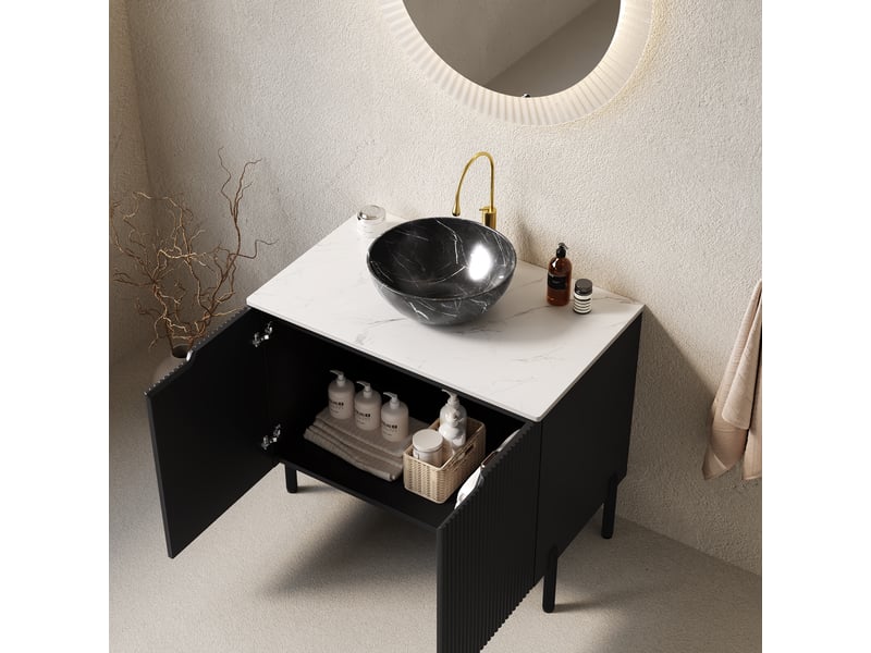 Meuble vasque sur pied avec double porte à fermeture douce - lpospi - plan en pierre frittée, noir et blanc - Conforama B
