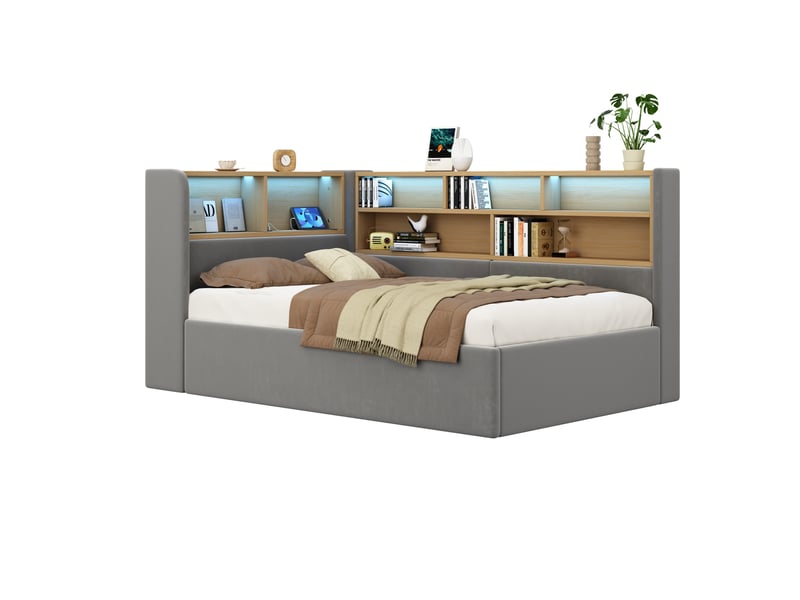  Lit enfant rangement hydraulique, led et usb en velours gris  - Conforama A