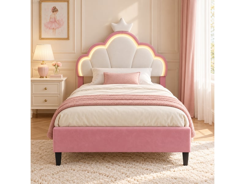  Lit enfant fille 90x200 cm en velours, lit simple rembourré avec led, lit princesse avec tête de lit réglable, décoration couronne et sommier à lattes, design rembourré moderne, rose  - Conforama W