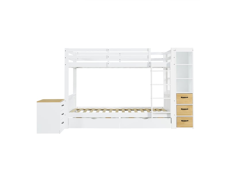  Lit superposé en bois 90×200 cm avec 2 tiroirs, rangements et échelle, blanc  - Conforama A
