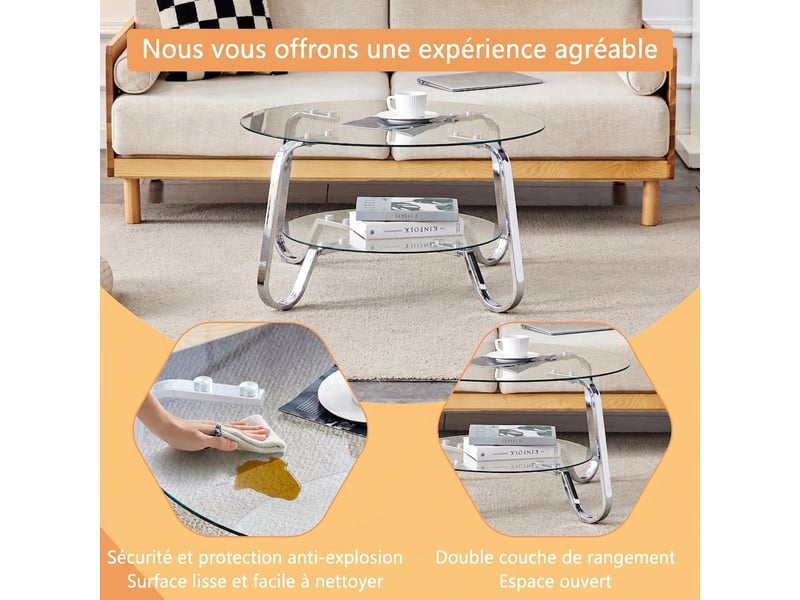  Table basse ronde en verre trempé à double plateau, métal argenté, 80x45cm  - Conforama D