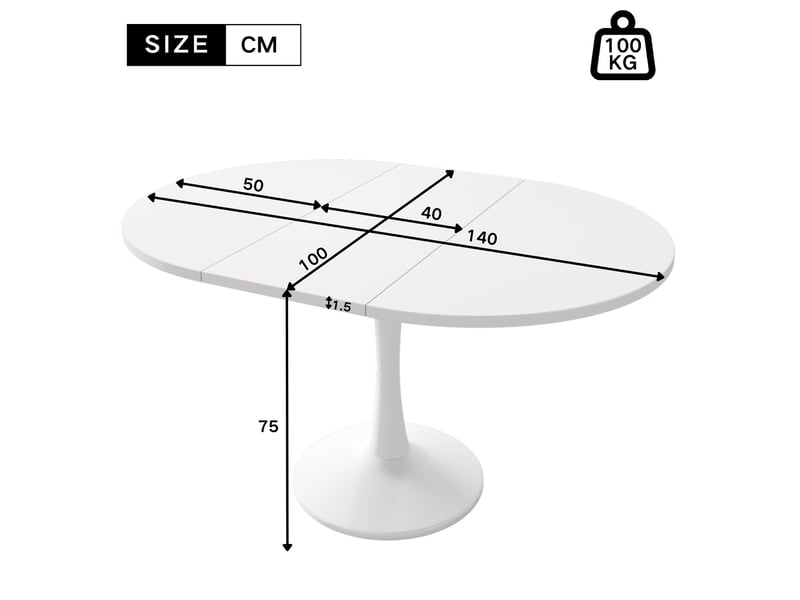 Table à manger extensible ovale 100–140 x 100 x 75 cm, avec plateau extensible, bords arrondis, style moderne, blanc - Conforama C