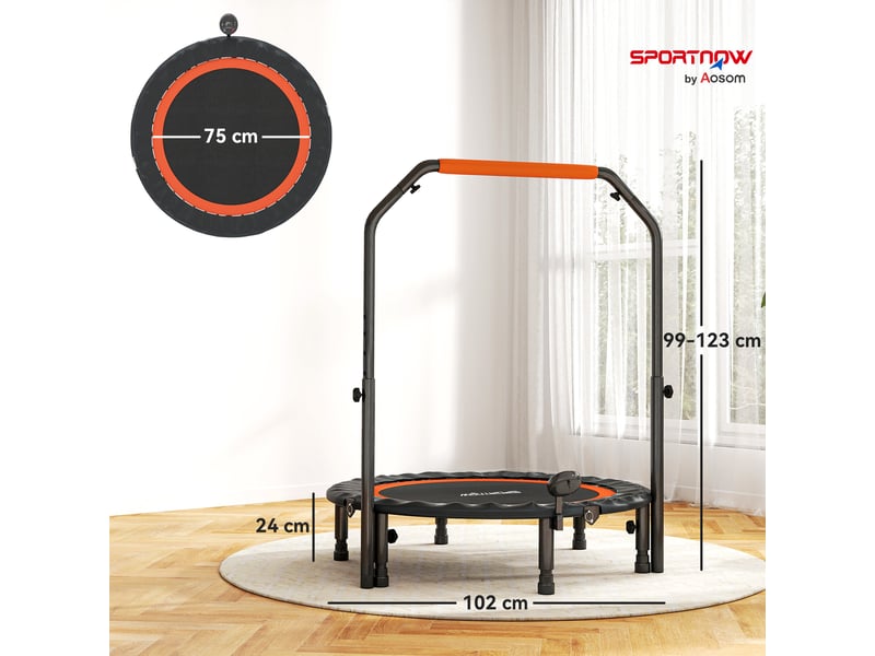  Trampoline de fitness gymnastique avec poignée réglable, pliable, 6 pieds, 28 ressorts ø 102 cm, noir rouge  - Conforama C