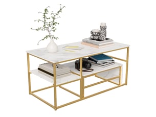 Tables basses – set de 2 tables basses gigognes – plateau marbre blanc – stable et durable –  cadre métal doré –  105+52 cm