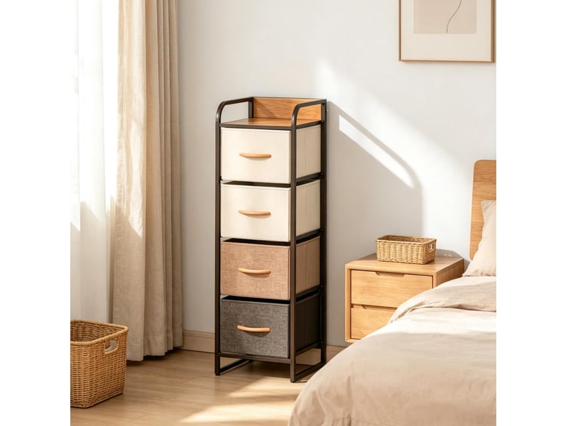  Commode étroite 31 x 29 x 99 cm – beige et marron – 4 tiroirs en tissu pliables et structure acier  - Conforama B