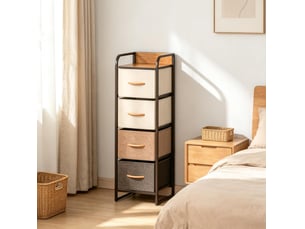 Commode étroite 31 x 29 x 99 cm – beige et marron – 4 tiroirs en tissu pliables et structure acier