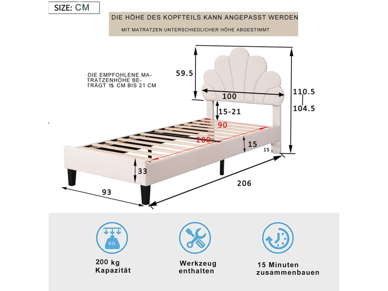  Lit enfant 90 x 200 cm，lit simple，tête de lit en forme de fleur，velours beige  - Conforama C