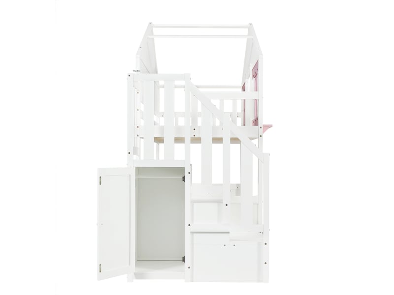  Lit superposé 90x200 cm, lit cabane avec sommier à lattes, cadre de lit adulte en pin, lit adulte, lit 1 personne, blanc + rose  - Conforama B