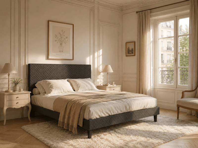 Lit 2 places 140 x 200 cm - tissu gris-tête de lit 2 places, cadre rembourré- avec sommier à lattes en bois - Conforama D