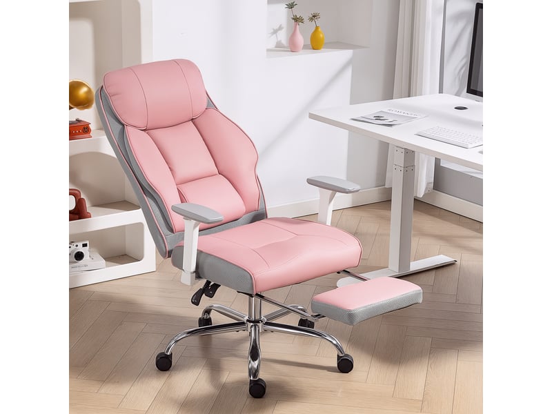  Chaise de bureau ergonomique avec accoudoirs, repose-pieds et appui-tête réglables, rose  - Conforama C