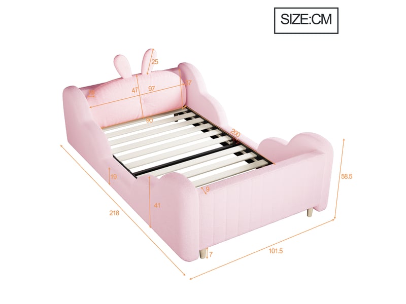  Lit enfant 90x200 cm rose en tissu bouclette, tête lapin, bordures nuages, sommier à lattes inclus, chambre d’enfant, chambre enfant moderne  - Conforama E