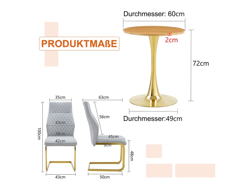 Ensemble table ronde 60 cm et 2 chaises gris clair, table bistrot 2 personnes pied métal doré pour cuisine - Conforama D