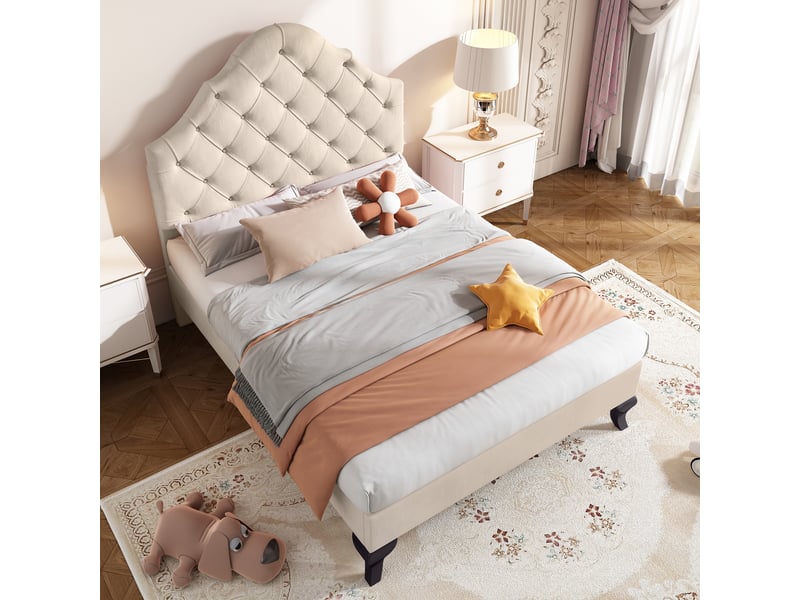 Lit enfant 90x200 cm avec sommier à lattes et tête de lit réglable en hauteur, lit simple, sommier à lattes en bois, montage facile, velours, beige - Conforama B
