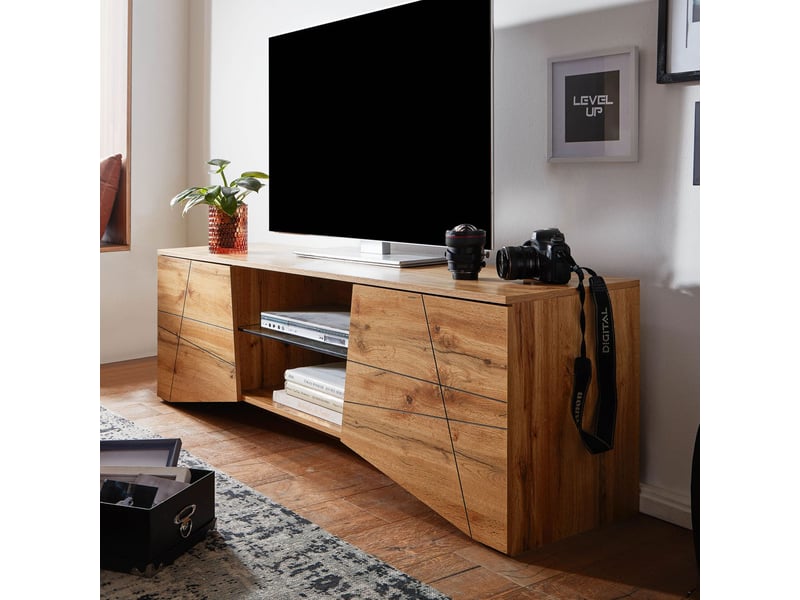  Meuble tv 160x40x50 cm en bois décor chêne et verre  - Conforama A