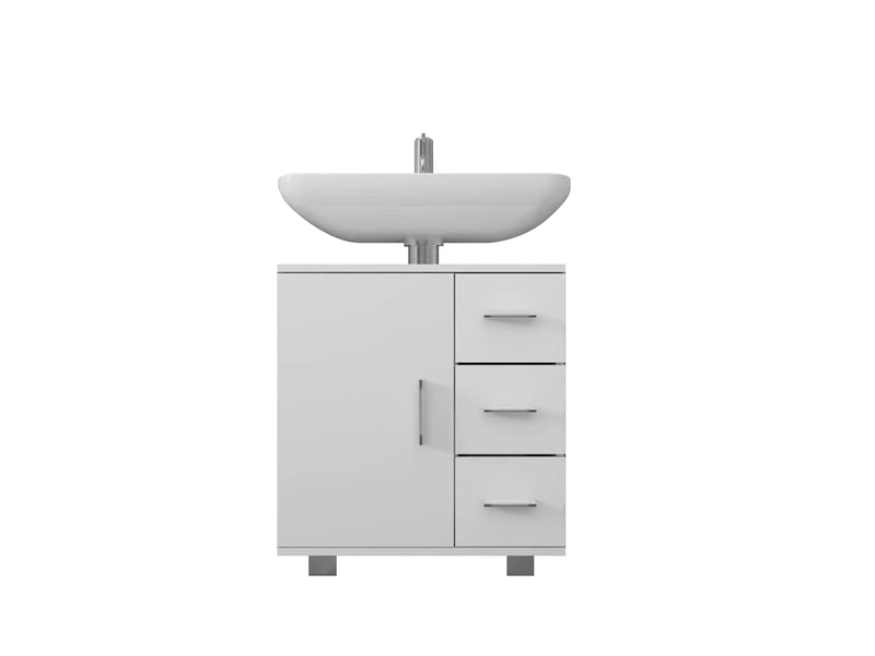 Ml-design meuble sous lavabo, blanc, 60 x 60,8 x 33 cm, avec 1 porte 2 étagères 3 tiroirs, panneau mdf finition mélaminée, armoire bas sur pied salle de bain, placard de rangement sous évier vasque 490001600 - Conforama A