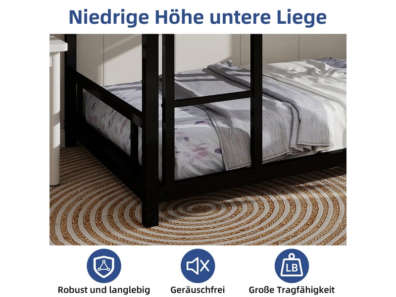  Lit superposé bas - 136cm - garde-corps 33cm - métal robuste - échelle intégrée - noir  - Conforama C