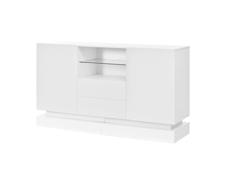  Buffet led, 2 portes et 2 tiroirs, niche à tablette en verre, commande par application, 140 × 40 × 80 cm, blanc brillant  - Conforama A