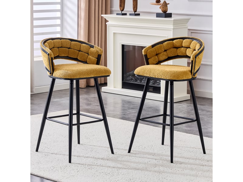 Lot de 2 tabourets de bar velours jaune avec dossier tressé et pieds en métal noir, hauteur 98.5 cm - Conforama R