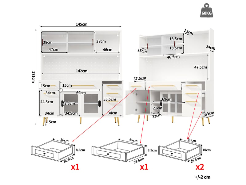 Buffet de cuisine led 145x39x171 cm, meuble de rangement cuisine et salon avec panneau perforé, tiroir, porte vitrée, mdf, blanc ABC - Conforama C