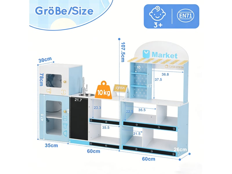  Jeu de marchande enfant 155x30x107,5 cm avec tableau noir mdf bleu  - Conforama E
