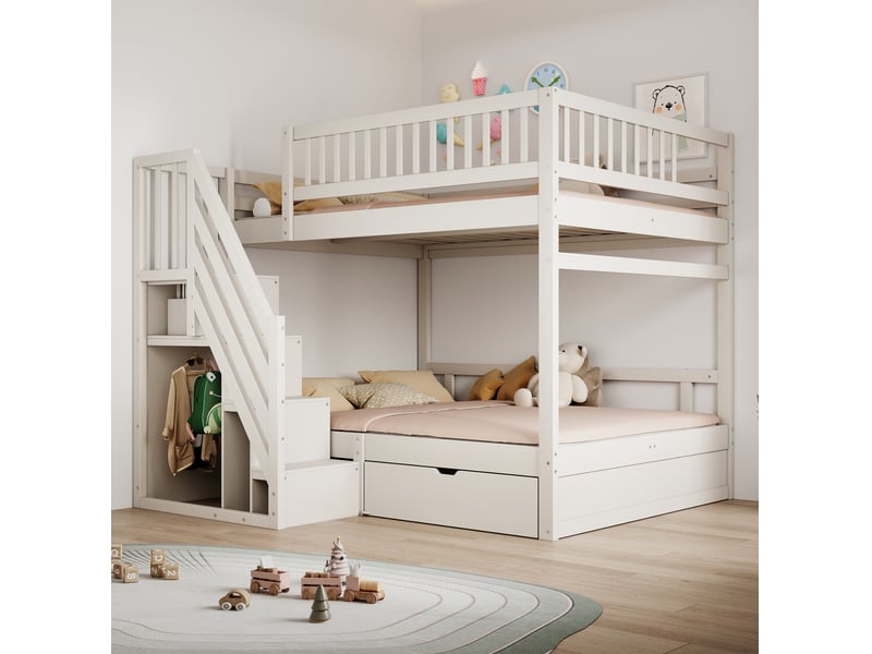  Lit superposé 140x200 cm avec garde-corps hauts, échelle de rangement et tiroirs intégrés, bois, blanc, sans matelas  - Conforama E