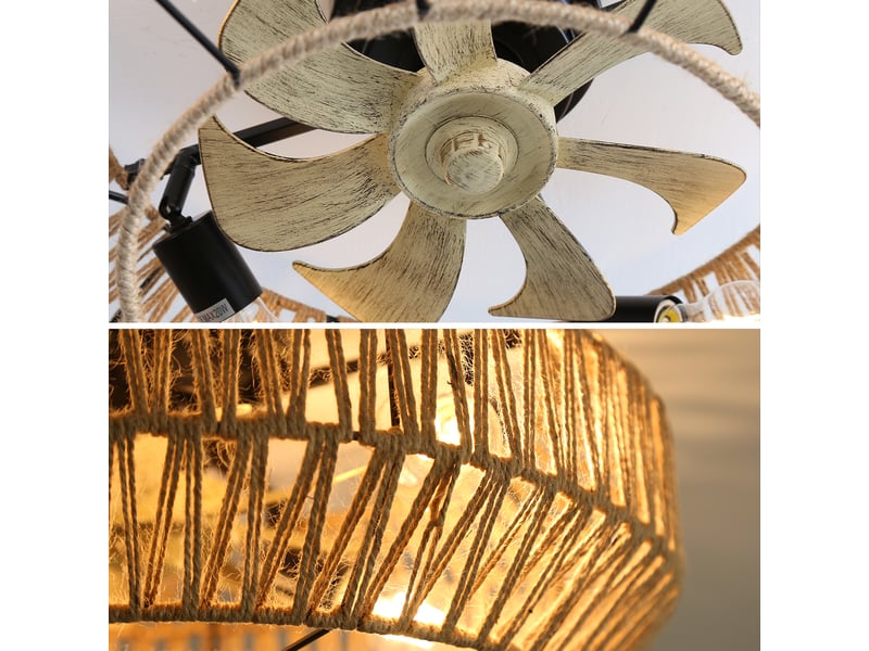  Ventilateur de plafond 56cm style boho cage rotin, 6 vitesses moteur dc réversible télécommande, ventilation silencieuse pour salon chambre, rotin evarich - Conforama E