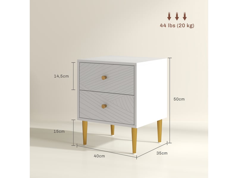  Table de chevet table de nuit avec 2 tiroirs poignées, pieds en acier pour chambre à coucher salon 40 x 35 x 50 cm blanc  - Conforama E