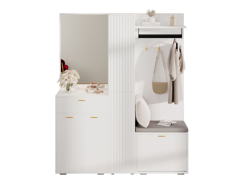  Vestiaire d'entrée blanc 150 cm avec miroir, penderie, banc, tiroir et meuble à chaussures 3 portes pratique  - Conforama A