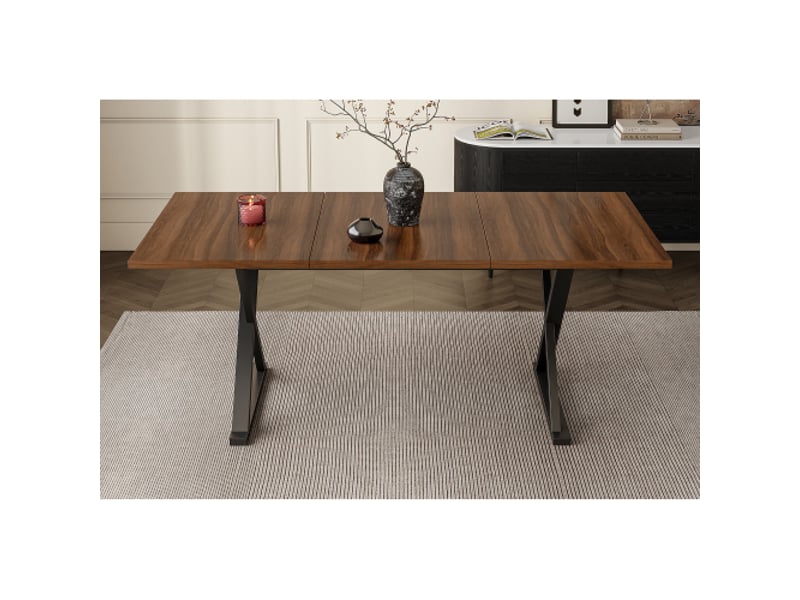 Table à manger moderne 180×90 cm, 75 cm haut, 6-8 pers – plateau noyer, piétement métal noir - Conforama E