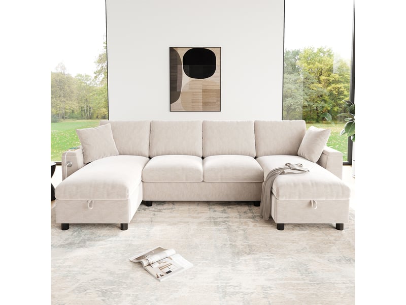  Canapé en u tissu chenille beige avec coffre 279cm - ports usbtype-c et assises amovibles  - Conforama B