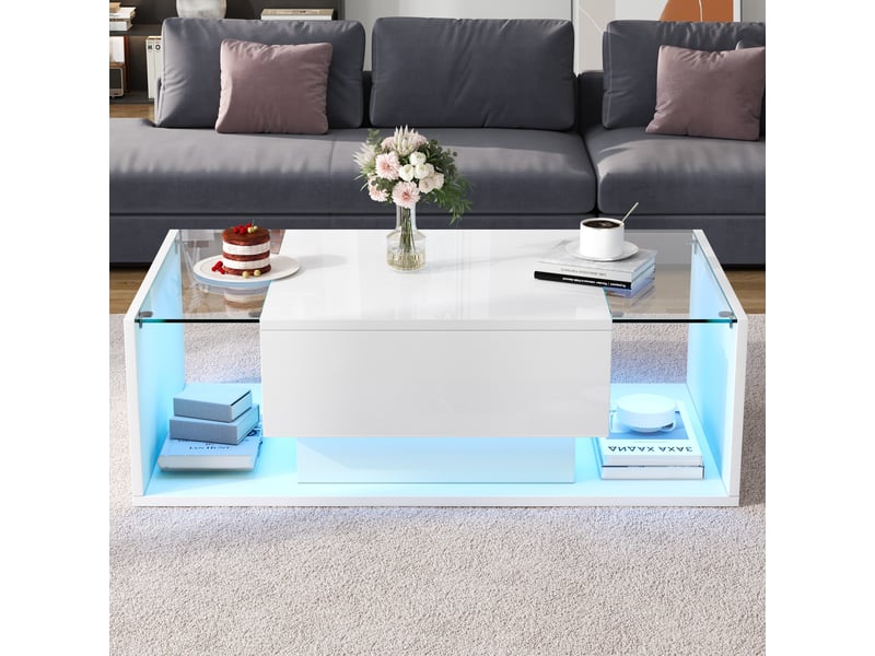 Table basse blanc 100×50×31 cm, table de salon moderne avec éclairage led et tiroir, table d'appoint en verre trempé - brillante - Conforama C