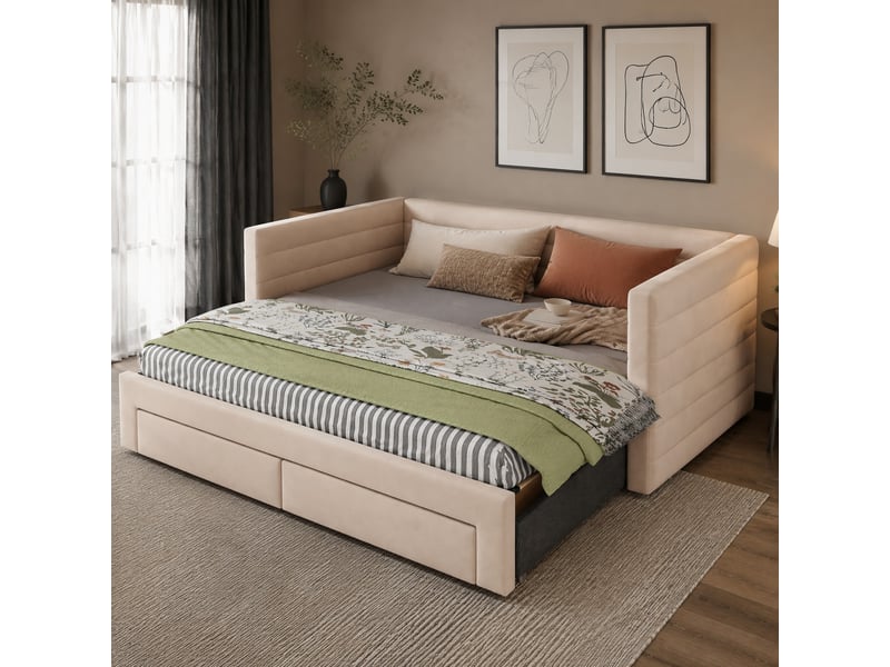  Lit gigogne 90x190 cm convertible en lit double, 2 tiroirs, en coton et lin beige  - Conforama B