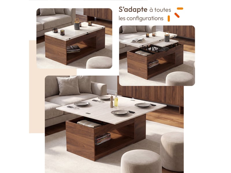  Table basse plateau relevable rectangulaire convertible en table à manger elea 100 cm effet noyer et plateau effet travertin  - Conforama C