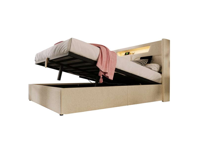  Lit coffre 140 × 200 cm 2 places avec led, usb et type-c, tête de lit rembourrée, matelas inclus, en lin beige  - Conforama A