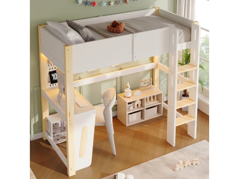  Lit mezzanine enfant 90x200 cm lit adolescent lit simple en bois avec bureau panneau perforé bande led barrières, naturel  - Conforama E