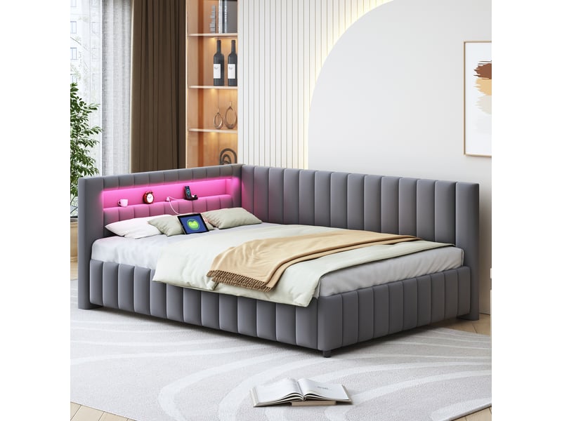  Lit banquette enfant rembourré 140 x 200 cm avec led et usb, velours gris Fay Lum - Conforama B