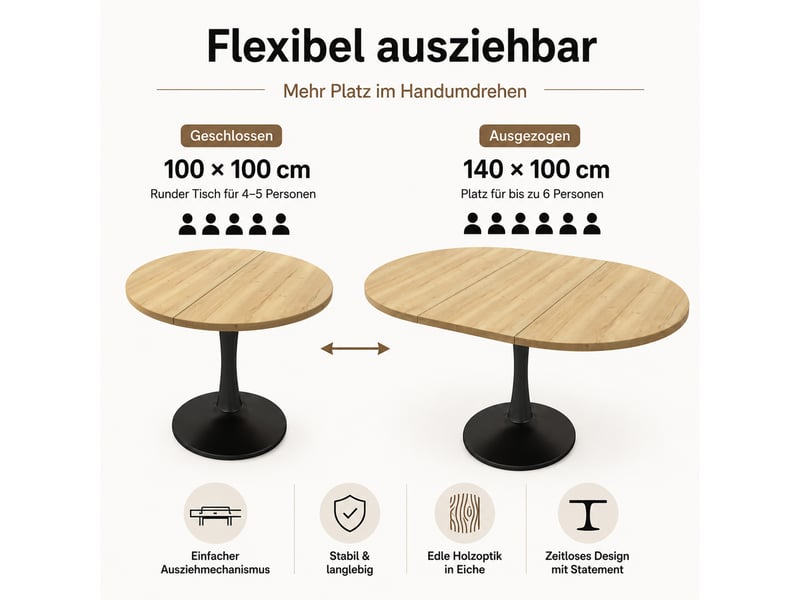  Table à manger extensible ovale 100-140x100x75cm - table de cuisine ronde modulable 4 à 6 personnes ,chêne evarich - Conforama D