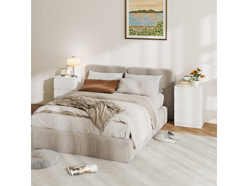  Tables de chevet (lot de 2), 3 tiroirs, sans poignées, aspect bois, blanches  - Conforama D