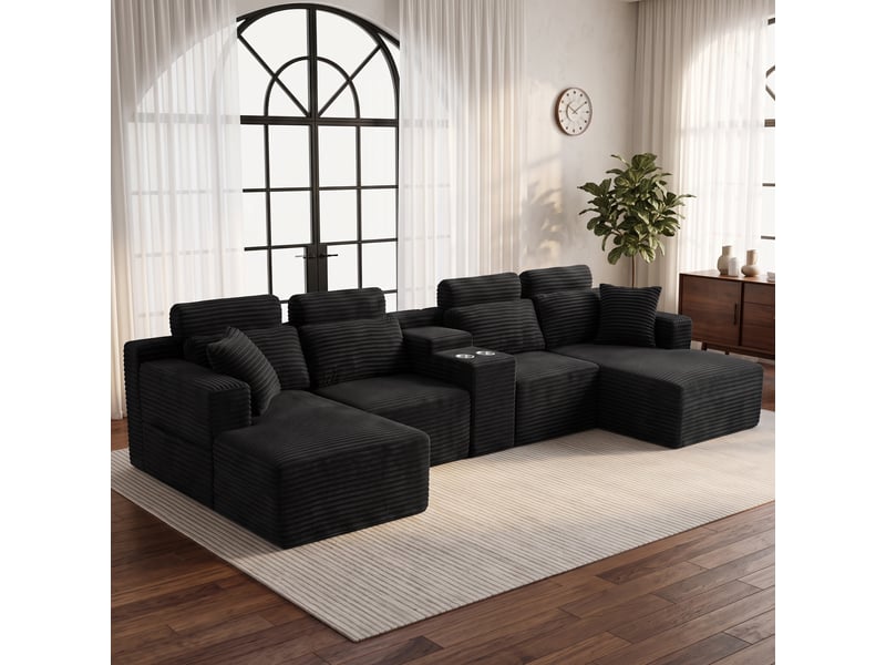  Canapé d’angle en u 6 places 372 x 151 x 80 cm, grand format modulable à assise moelleuse et porte-gobelets, mousse et velours côtelé, noir OMNIGLINT TRADING LTD - Conforama B