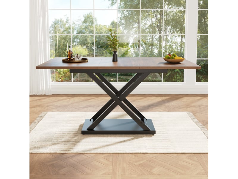 Table à manger extensible 120-160x80x75cm, style croisé, panneau aggloméré et structure métallique finition noyer noir, meuble moderne pour cuisine et salon - Conforama E